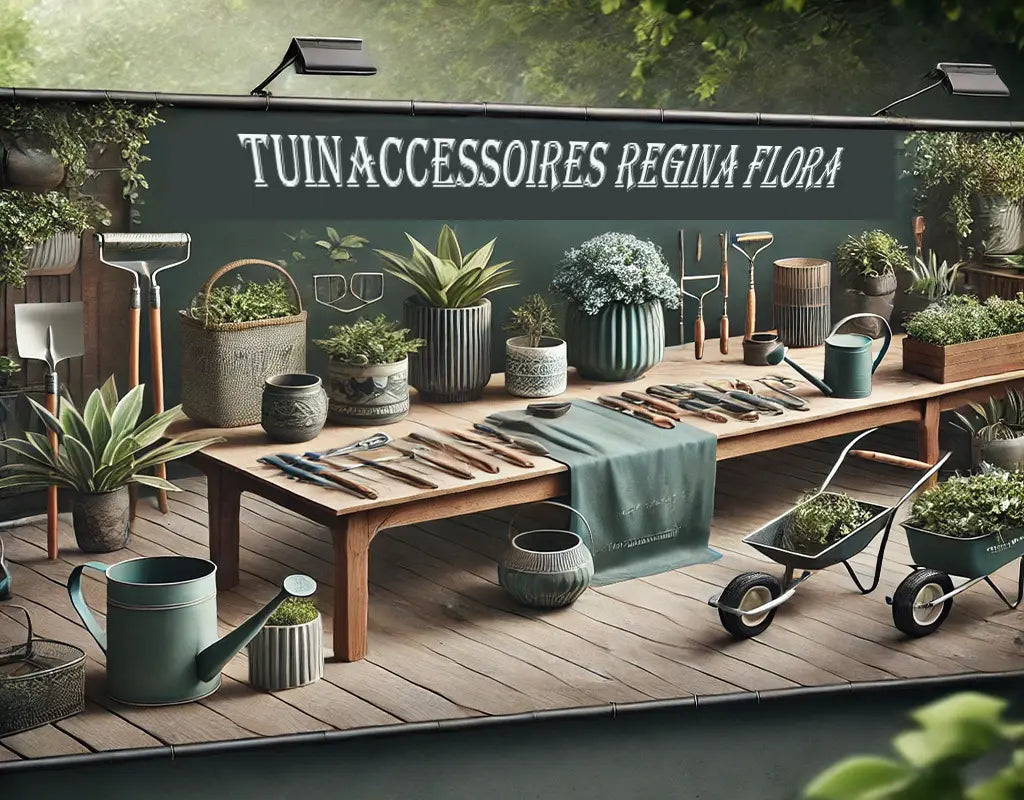 Tuinaccessoires collectie banner van Regina Flora met diverse tuinaccessoires zoals plantenbakken, gereedschap, decoratieve items en een tuintafel, allemaal in een groene, buitenomgeving