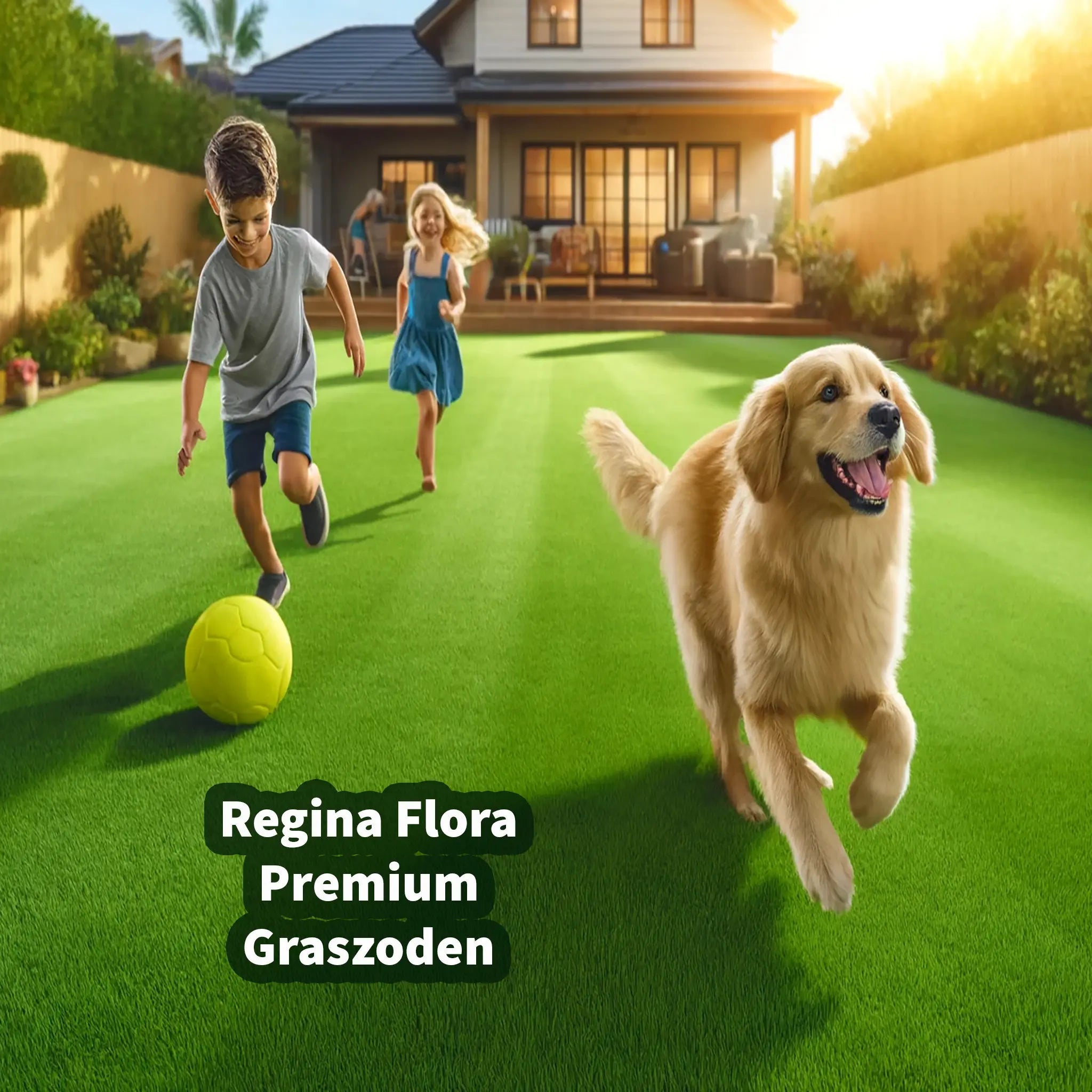 Kinderen en hond spelen op Regina Flora Premium Graszoden in zonnige achtertuin