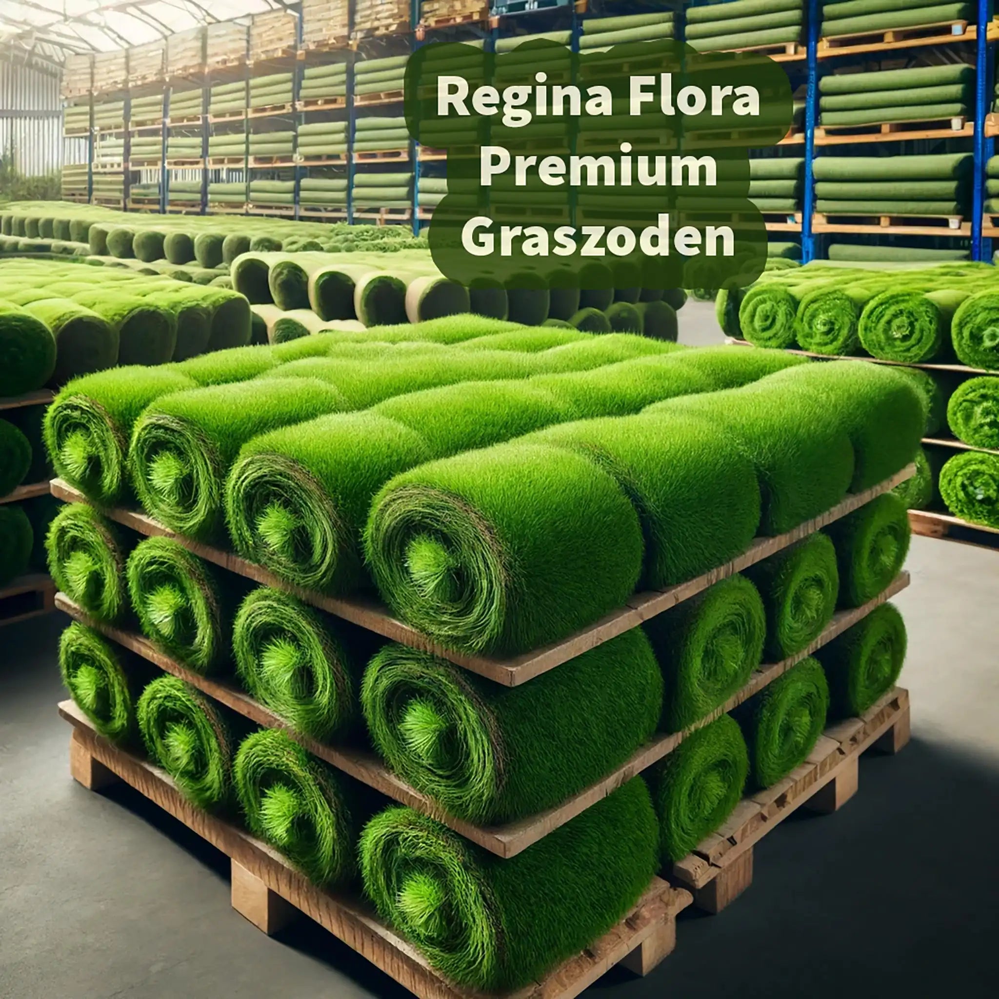 Pallets met Regina Flora Premium Graszoden opgeslagen in magazijn