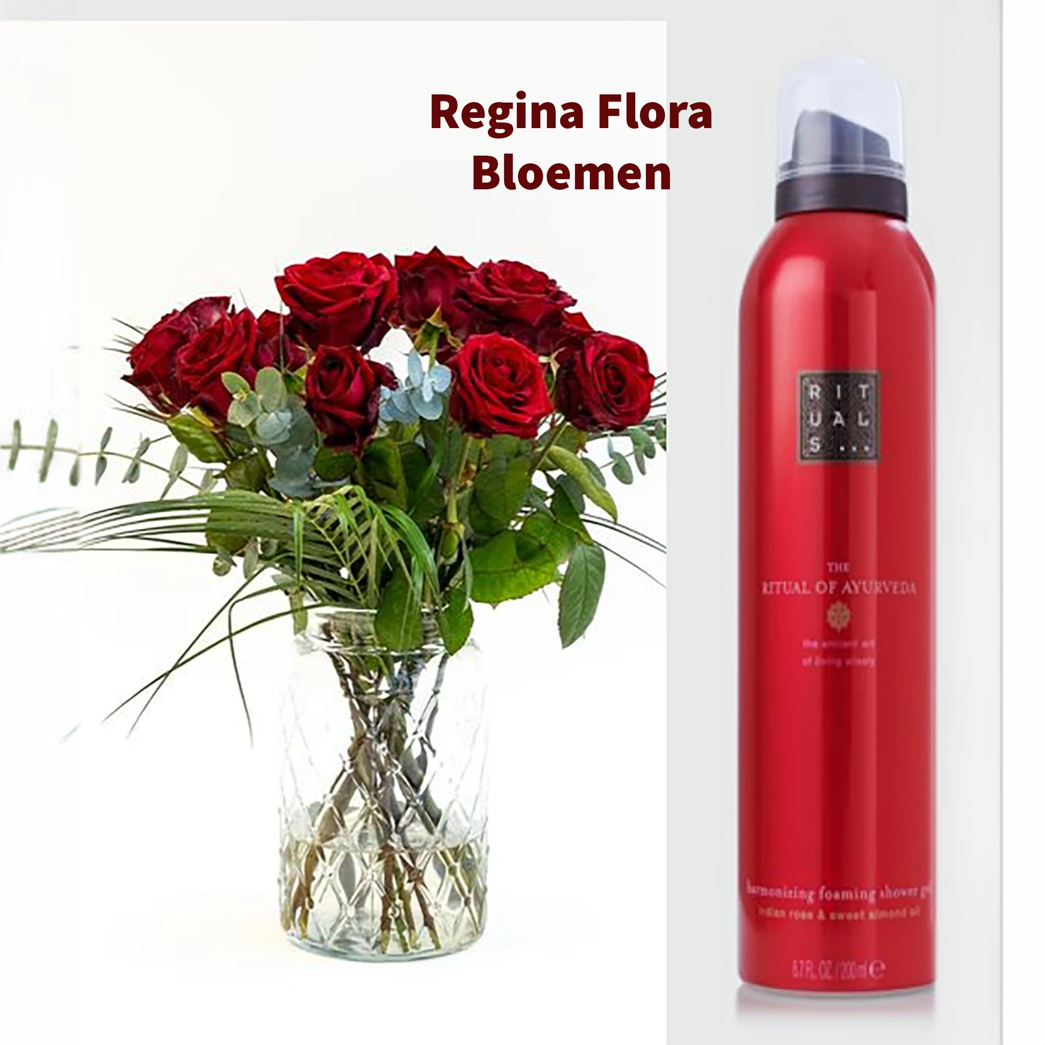 Luxe cadeaubox met boeket rode rozen in vaas en Rituals douchegel fles, Regina Flora Bloemen.