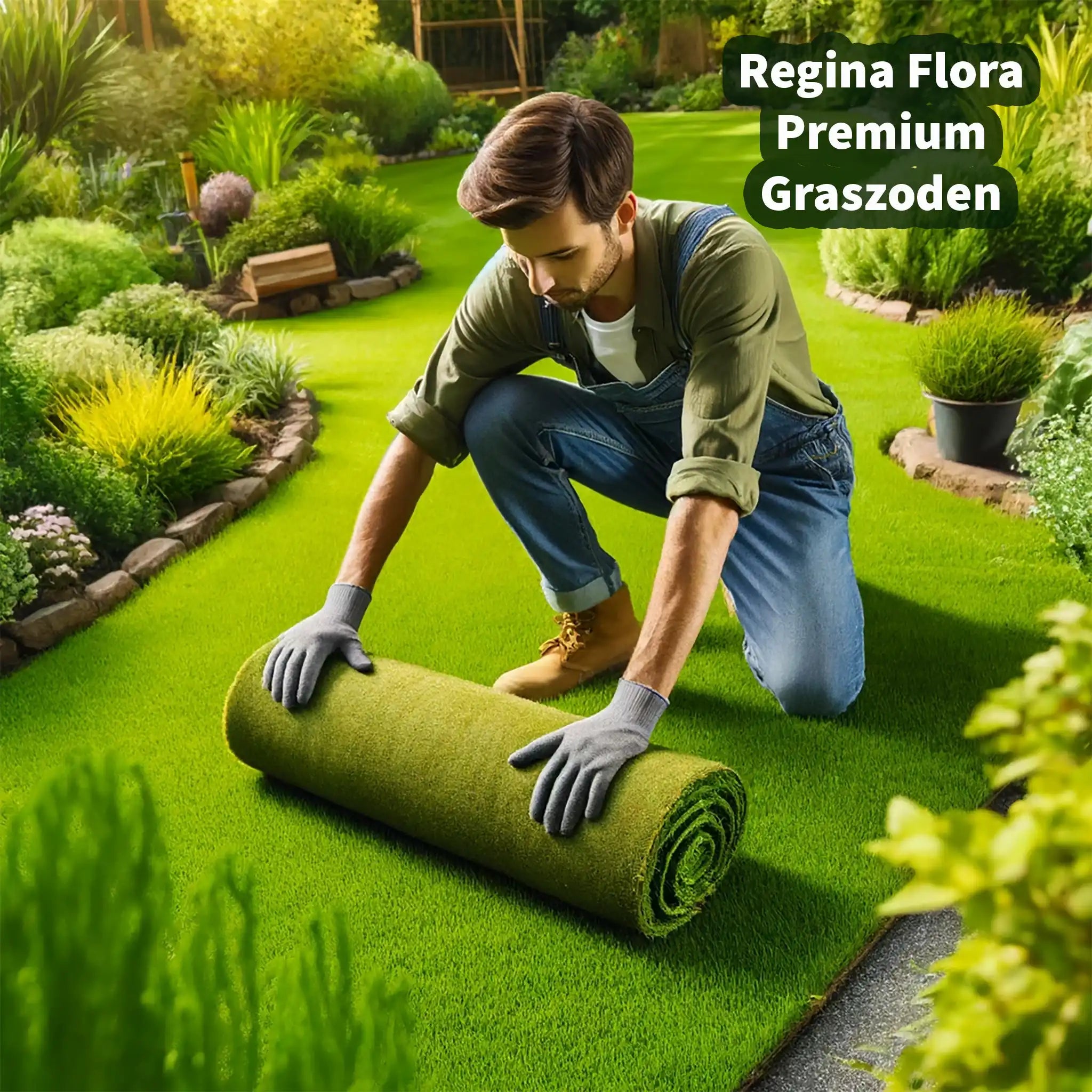 Tuinman legt Regina Flora premium graszoden aan in prachtige tuinomgeving